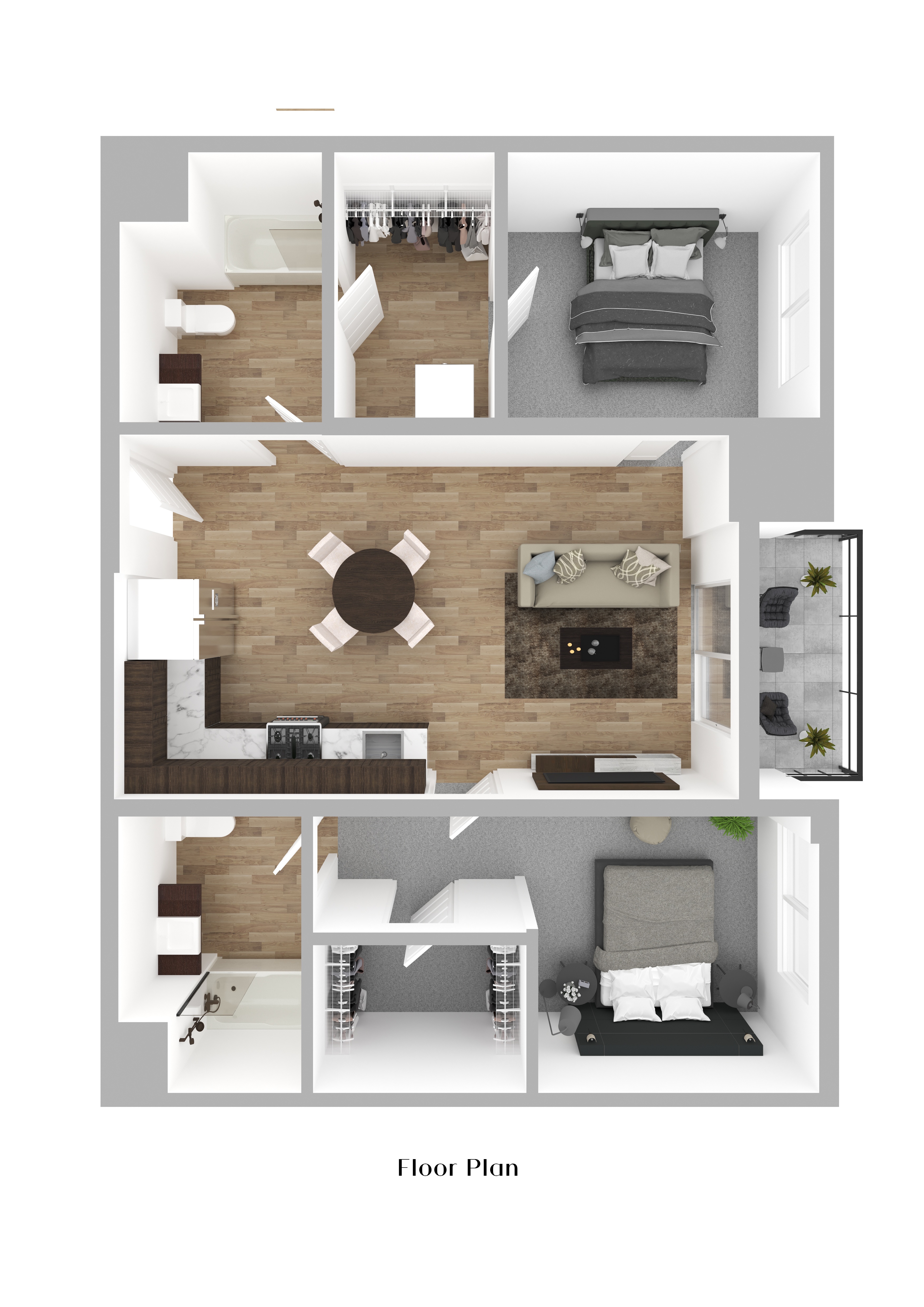 Floor plan for 2 beds, 2 baths, 948 sqft